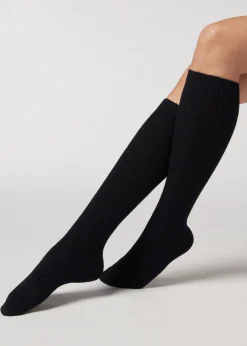 Chaussettes Hautes Cotelees Avec Laine Et Cachemire