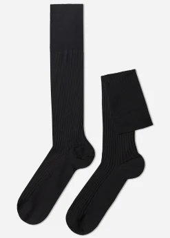 Chaussettes Longues Cotelees En Fil D'Ecosse Pour Homme