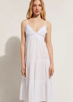 Robe Mi-Longue En Dentelle Macrame Et Jupe Volantee