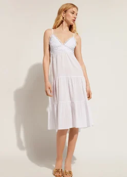Robe Mi-Longue En Dentelle Macrame Et Jupe Volantee
